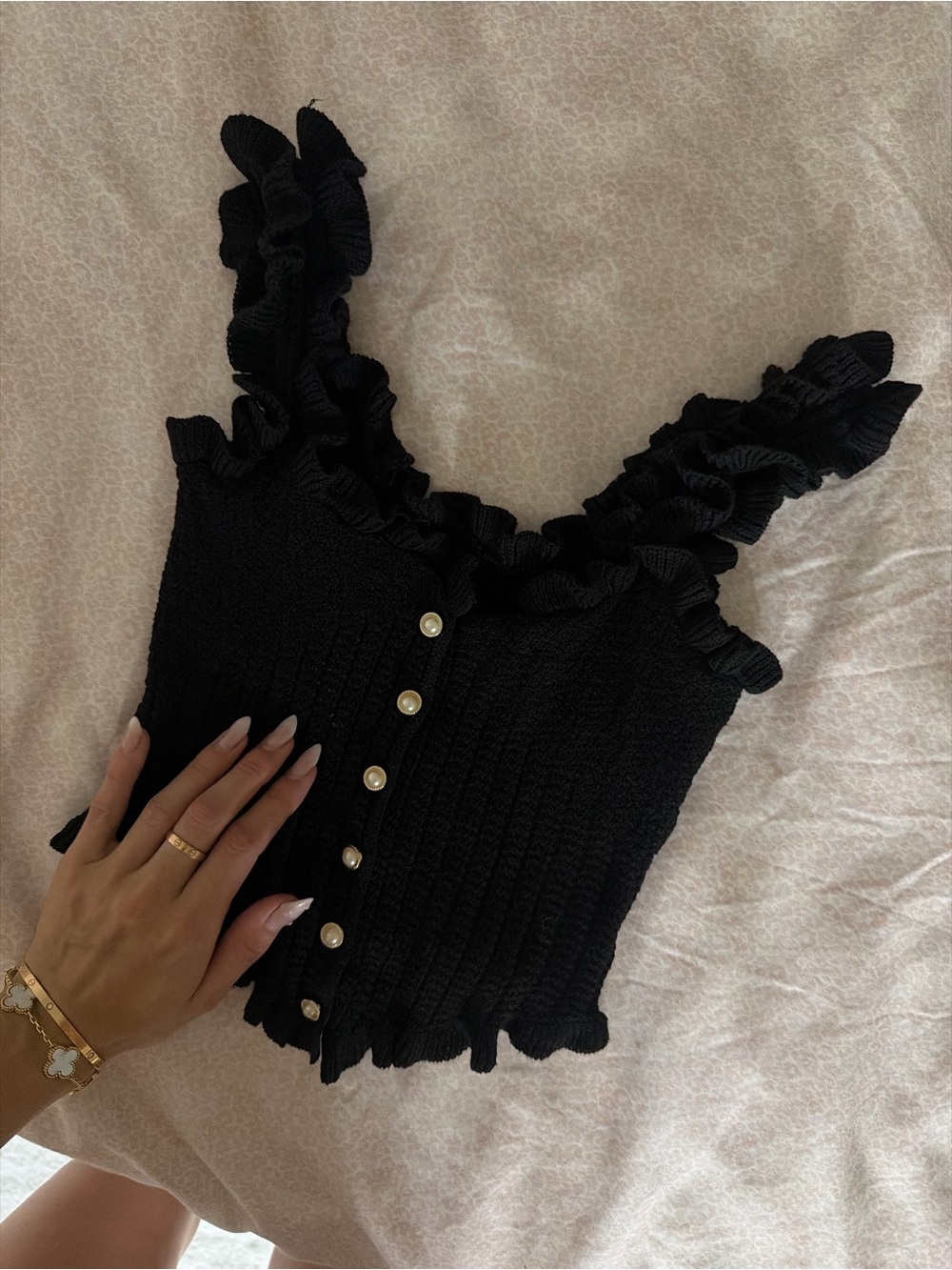 Black Ruffle Knit Button-Front Tank Top